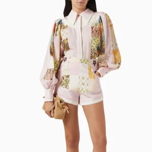 Printing Lapel Long Sleeves Patchwork Single Breasted Top Shorts Set