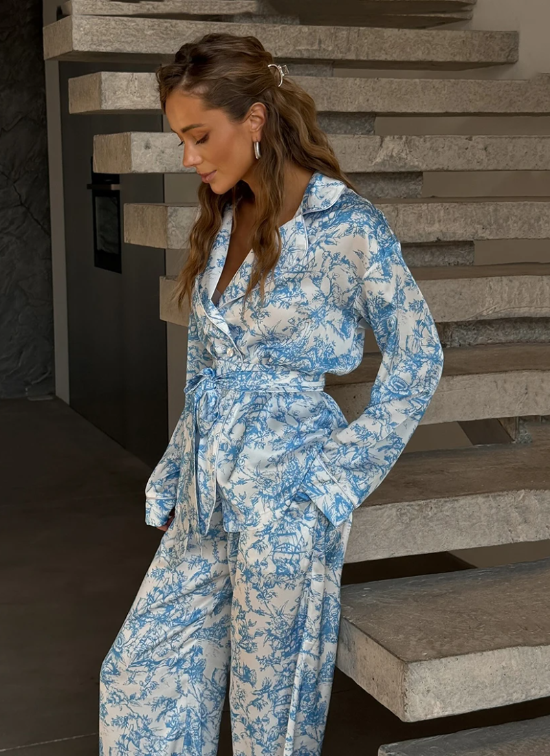 Printing Long Sleeve Robe Turn-Down Collar Pajamas Lace Up Pants Casual Sleepwear Set - Image 4