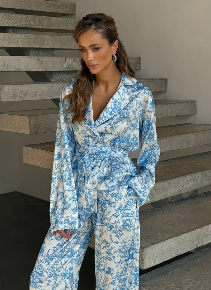 Printing Long Sleeve Robe Turn-Down Collar Pajamas Lace Up Pants Casual Sleepwear Set - Image 3