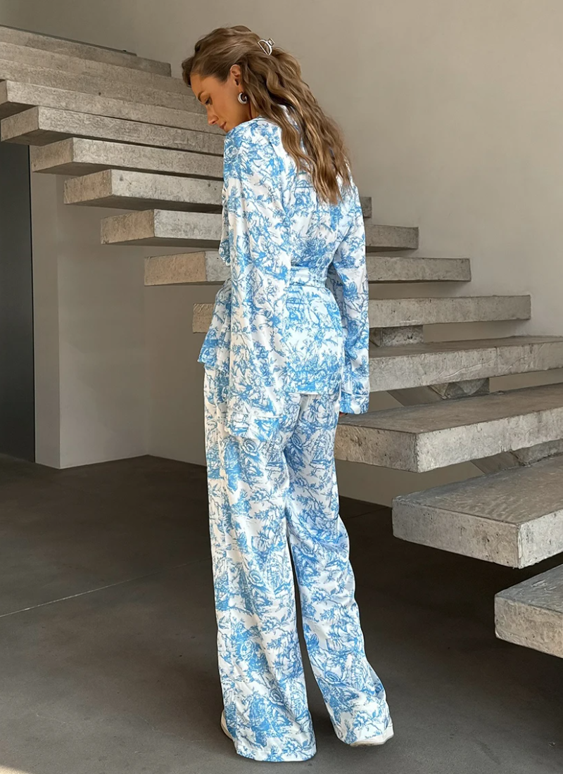 Printing Long Sleeve Robe Turn-Down Collar Pajamas Lace Up Pants Casual Sleepwear Set - Image 2