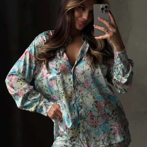 Printing Long Sleeve Turn-Down Collar Shorts Casual Ladies Pajamas Suit