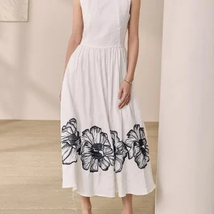 Printing O Neck Sleeveless High Waist Temperamnet Long Dress