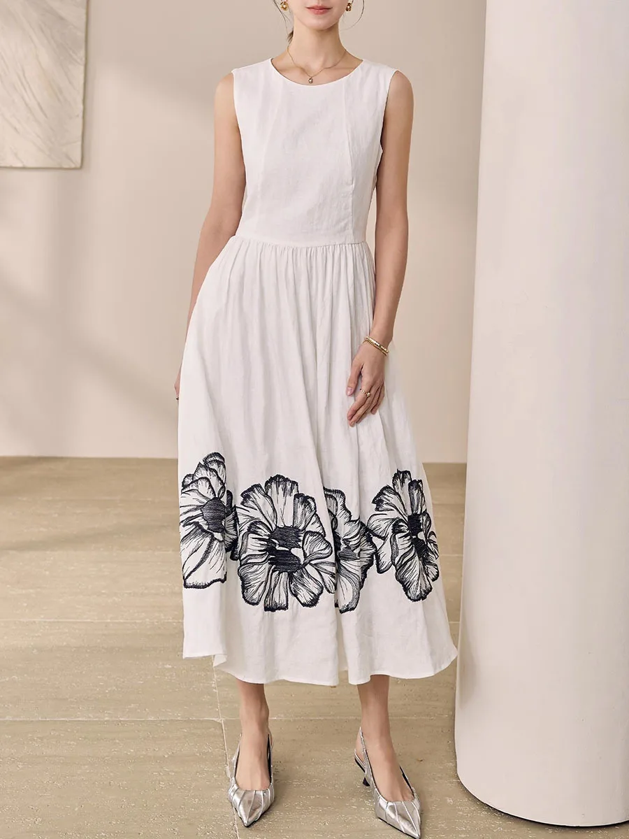 Printing O Neck Sleeveless High Waist Temperamnet Long Dress