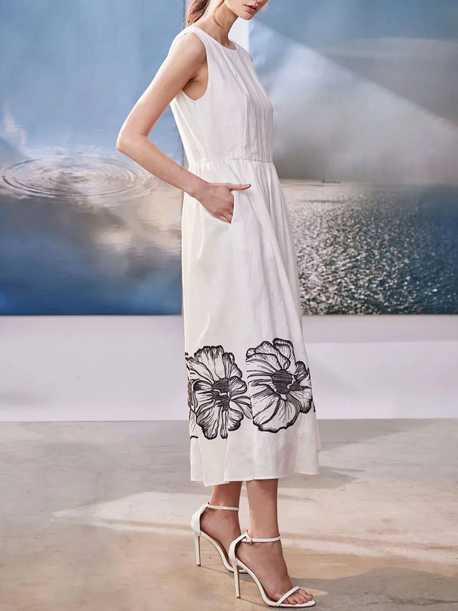 Printing O Neck Sleeveless High Waist Temperamnet Long Dress - Image 9