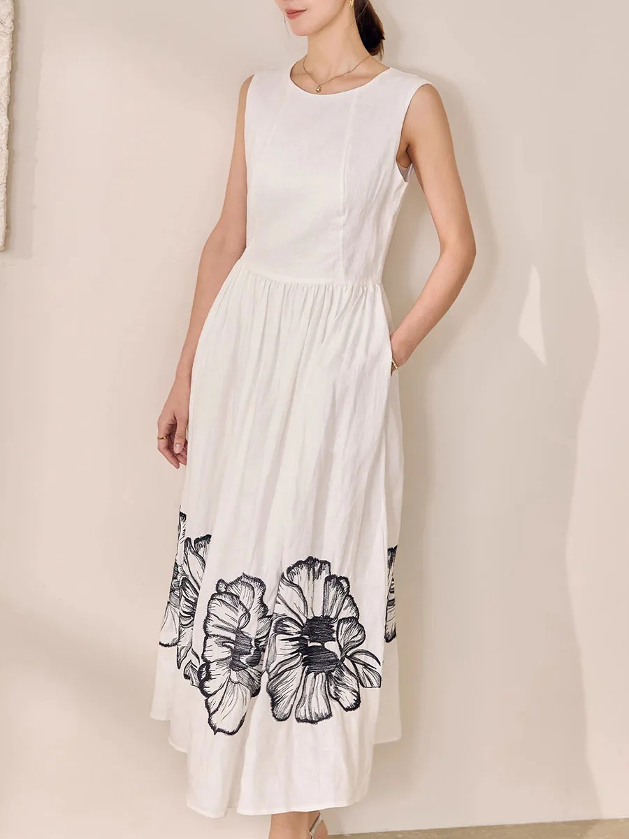 Printing O Neck Sleeveless High Waist Temperamnet Long Dress - Image 2