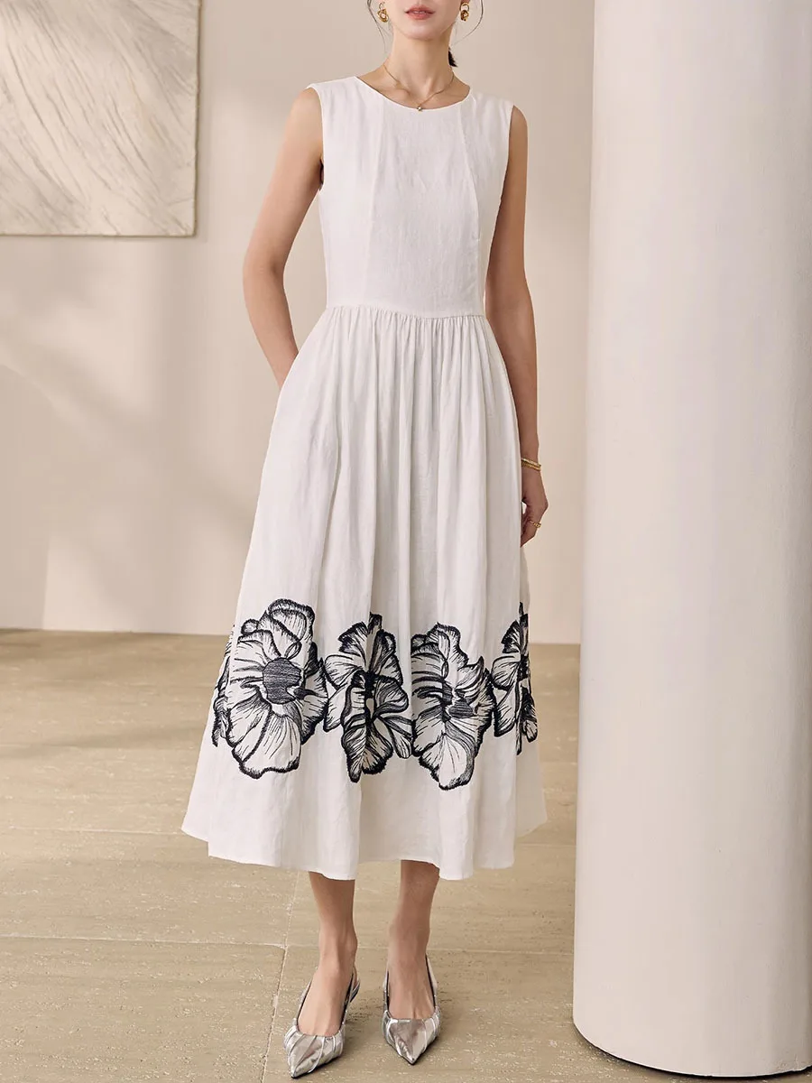 Printing O Neck Sleeveless High Waist Temperamnet Long Dress - Image 3