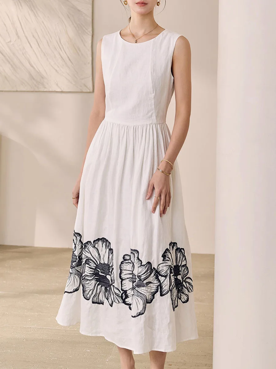 Printing O Neck Sleeveless High Waist Temperamnet Long Dress - Image 4