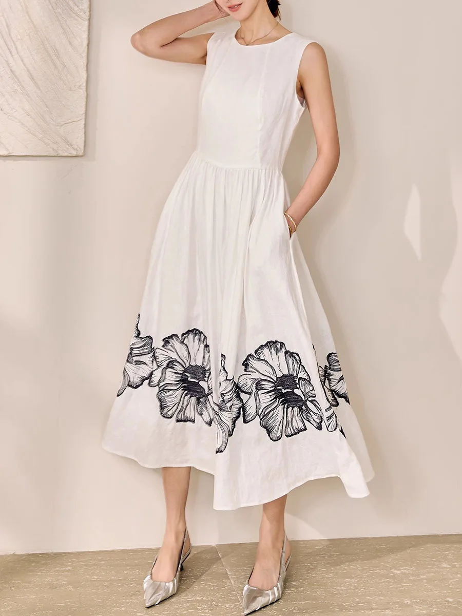 Printing O Neck Sleeveless High Waist Temperamnet Long Dress - Image 5