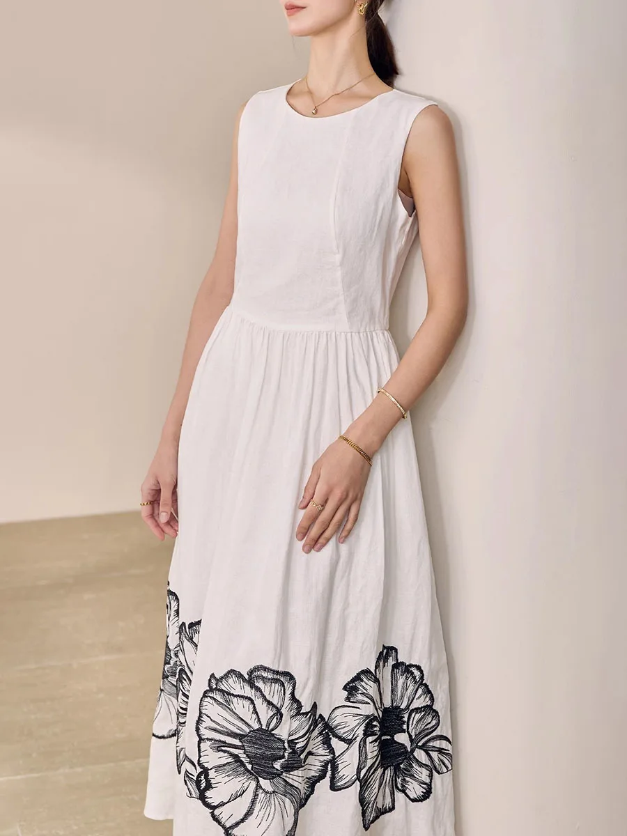 Printing O Neck Sleeveless High Waist Temperamnet Long Dress - Image 6