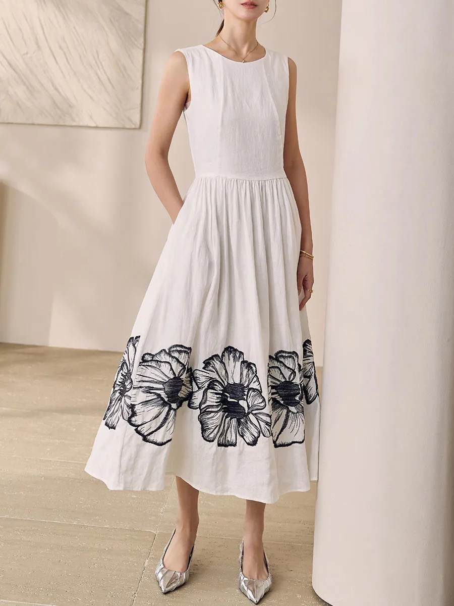 Printing O Neck Sleeveless High Waist Temperamnet Long Dress - Image 7