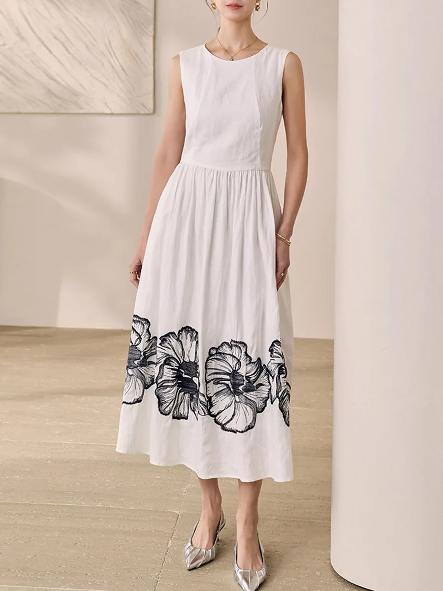 Printing O Neck Sleeveless High Waist Temperamnet Long Dress - Image 10