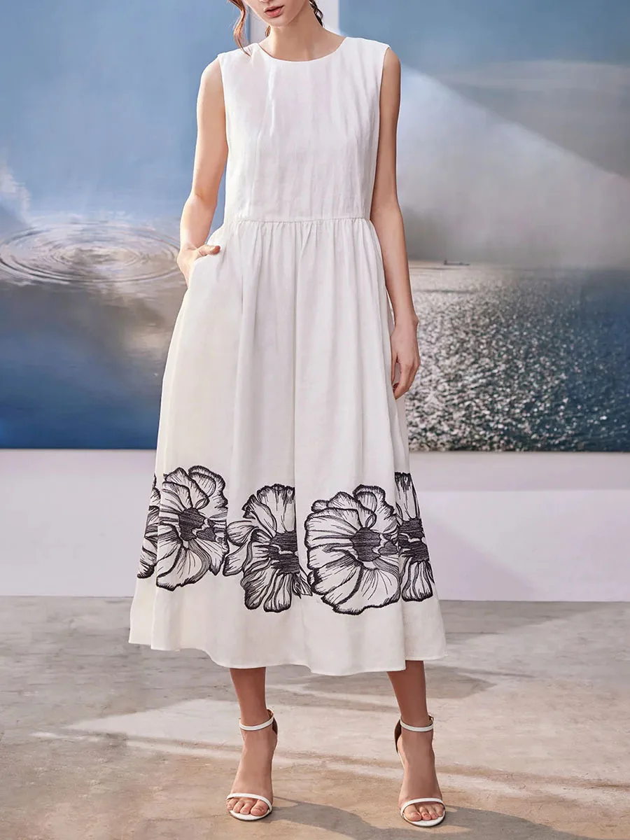 Printing O Neck Sleeveless High Waist Temperamnet Long Dress - Image 8