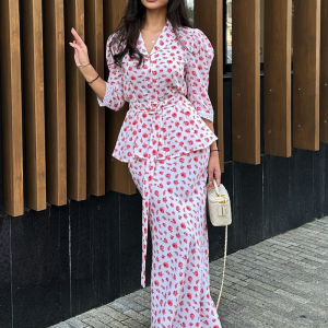 Printing Three Quarter Sleeve Nightgowns Turn-Down Collar Nightwear Long Skirt