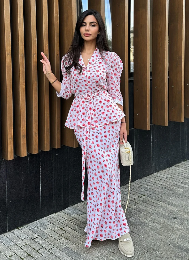 Printing Three Quarter Sleeve Nightgowns Turn-Down Collar Nightwear Long Skirt