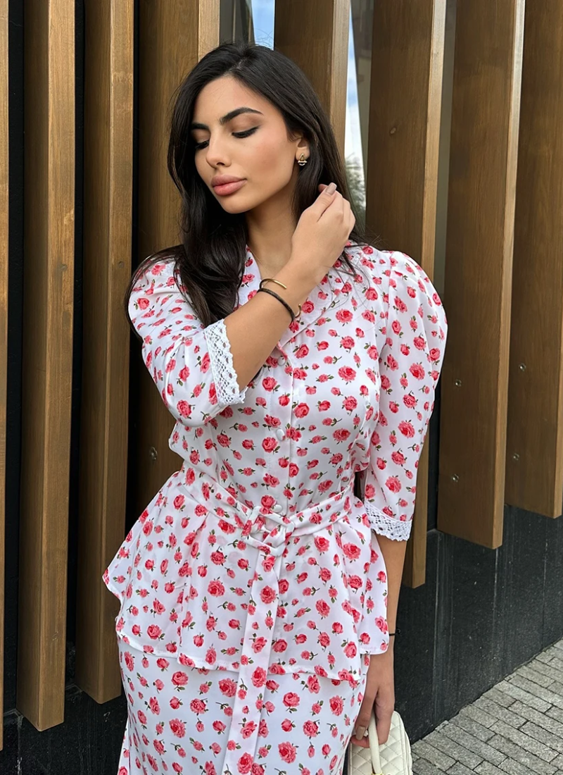 Printing Three Quarter Sleeve Nightgowns Turn-Down Collar Nightwear Long Skirt - Image 3