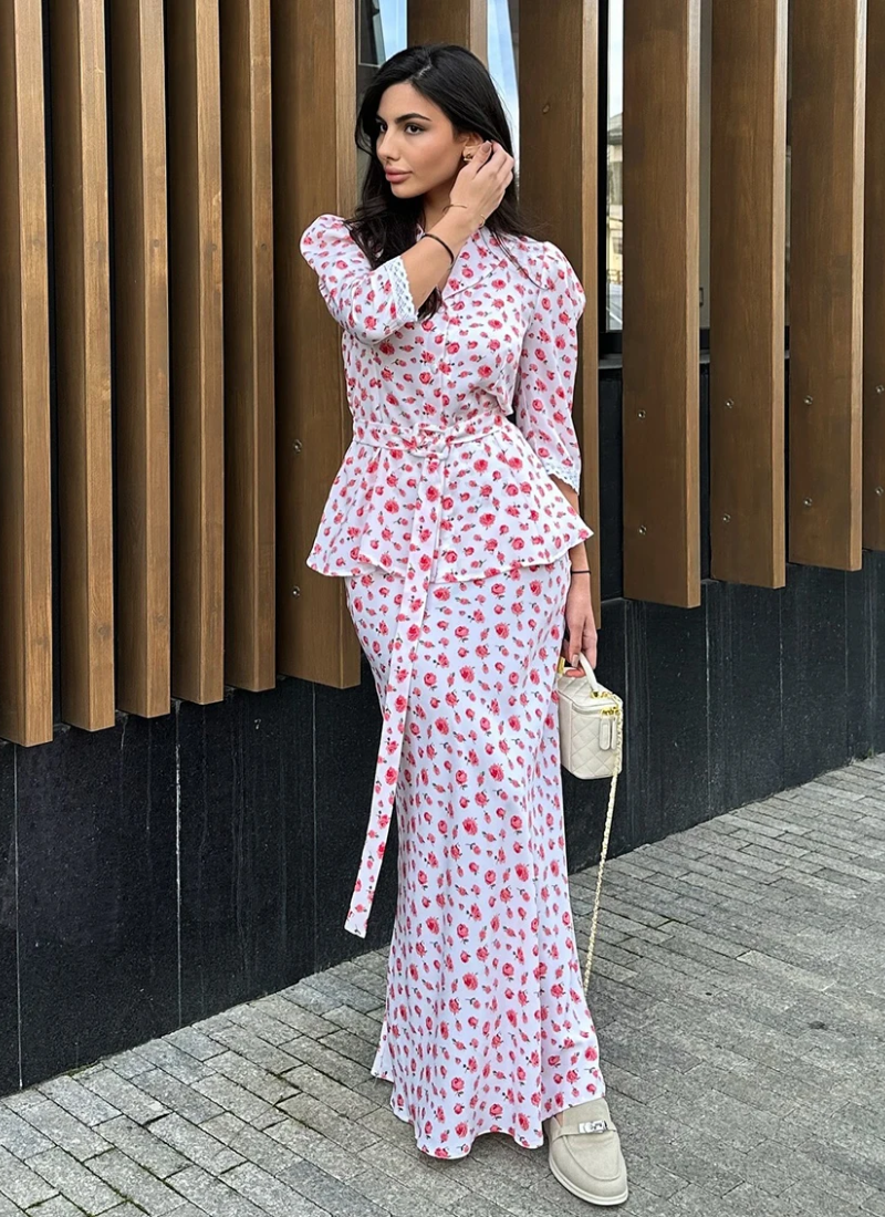 Printing Three Quarter Sleeve Nightgowns Turn-Down Collar Nightwear Long Skirt - Image 2