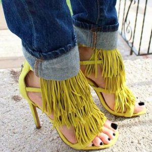 Retro Fringe Square Toe Back Zipper Stilettos Thin High Heels Sandals