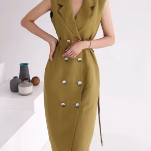 Retro High-End Design Lace Up Long Skirt Suit Collar Vest Dress