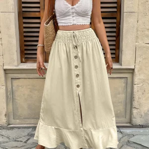 Retro Patchwork Elastic Waistband Button Ruffle Daily Versatile Split Full Length Skirt