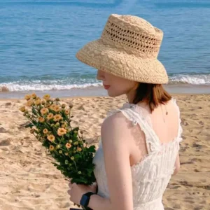 Retro Style Breathable Hollow Raffia Travel Concave Top Straw Sun Hat