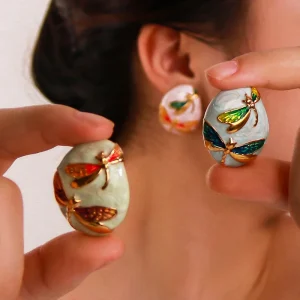 Retro Style Circular Oil Dripping Dragonfly Flower Colored Oil Dripping Glaze Stainless Steel Earrings