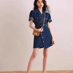 Retro Suit Collar High-End Feeling Short Sleeved Chic Short Skirt Denim Dress