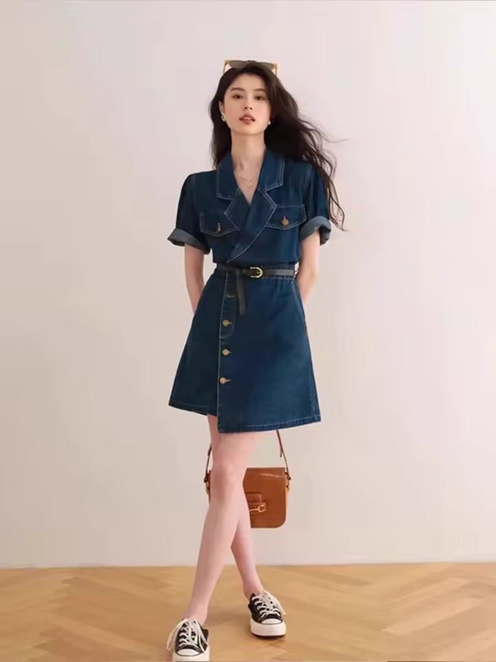 Retro Suit Collar High-End Feeling Short Sleeved Chic Short Skirt Denim Dress - Image 2