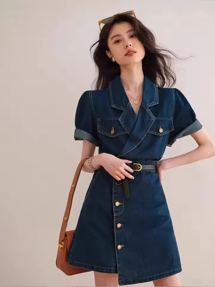 Retro Suit Collar High-End Feeling Short Sleeved Chic Short Skirt Denim Dress - Image 5