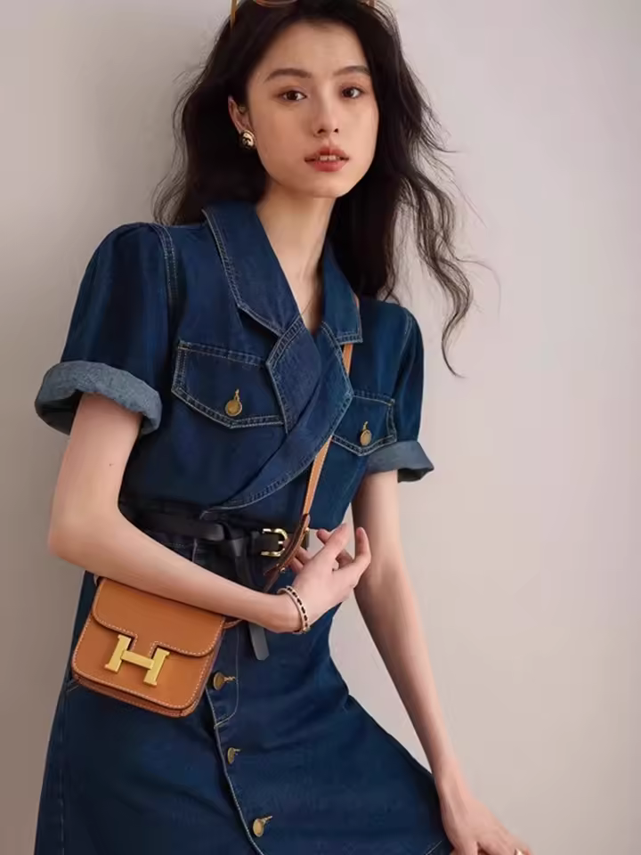 Retro Suit Collar High-End Feeling Short Sleeved Chic Short Skirt Denim Dress - Image 3