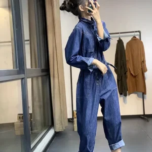 Retro Washed Denim Loose And Versatile Casual Harem Pants Jumpsuit