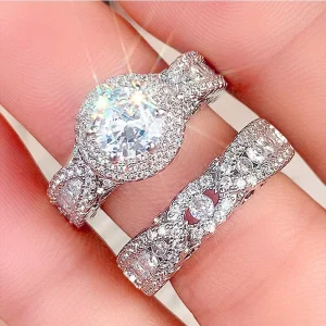 Rhinestone Cubic Zirconia Geometric Crystal Zircon Engagement Rings 2Pcs Set