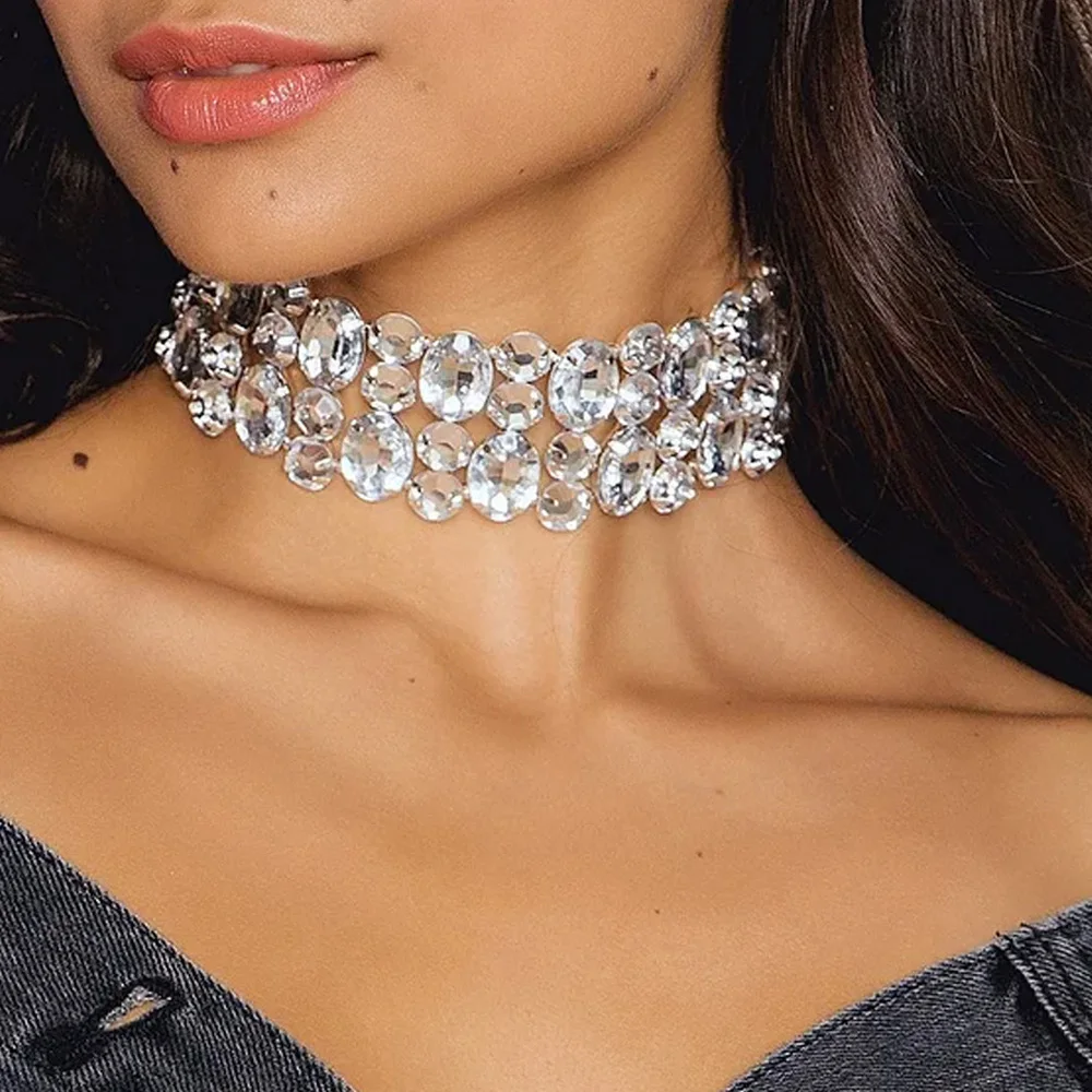 Rhinestone Irregular Crystal Collar Stonefans Large Geometric Multi-Row Chokers Necklace - Image 2