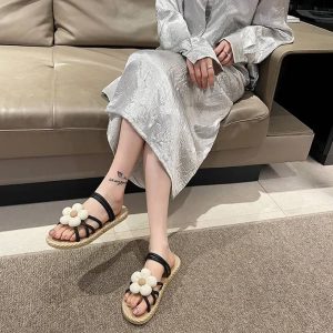 Roman Style Internet Celebrity Outer Wear PVC With Flower Flat Slippers