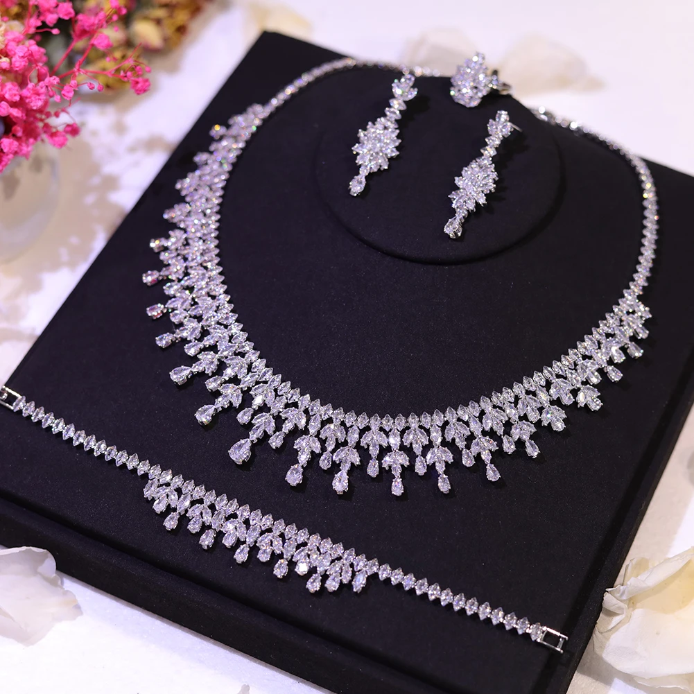 Romantic Cubic Zirconia Leaf Design Bridal Necklace Earring Water Drop 4PCS Jewelry Sets - Image 2