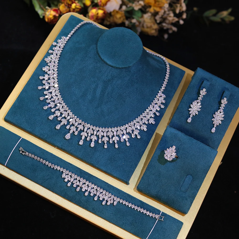 Romantic Cubic Zirconia Leaf Design Bridal Necklace Earring Water Drop 4PCS Jewelry Sets - Image 11
