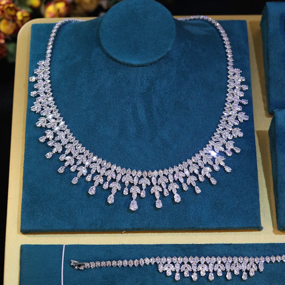 Romantic Cubic Zirconia Leaf Design Bridal Necklace Earring Water Drop 4PCS Jewelry Sets - Image 13