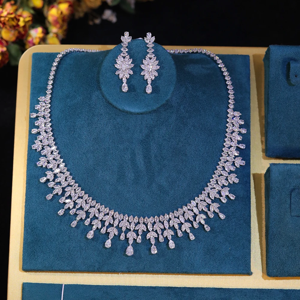 Romantic Cubic Zirconia Leaf Design Bridal Necklace Earring Water Drop 4PCS Jewelry Sets - Image 14