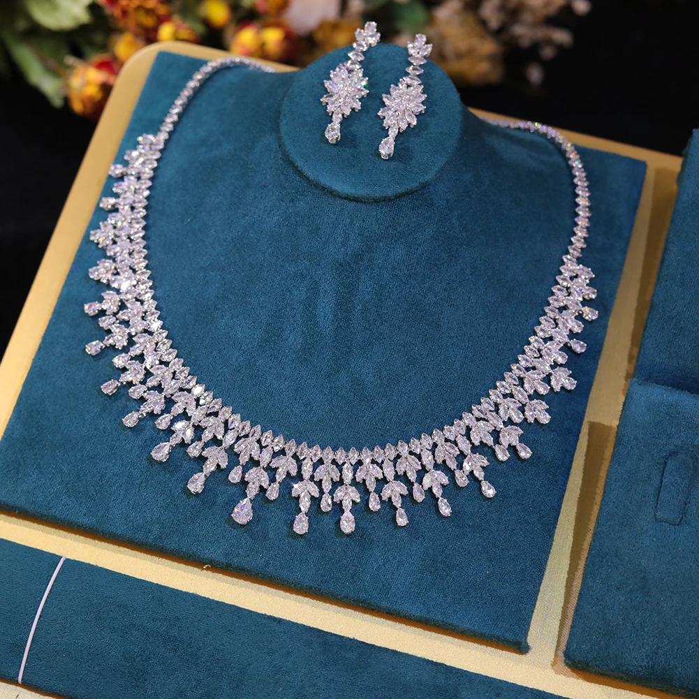 Romantic Cubic Zirconia Leaf Design Bridal Necklace Earring Water Drop 4PCS Jewelry Sets - Image 15