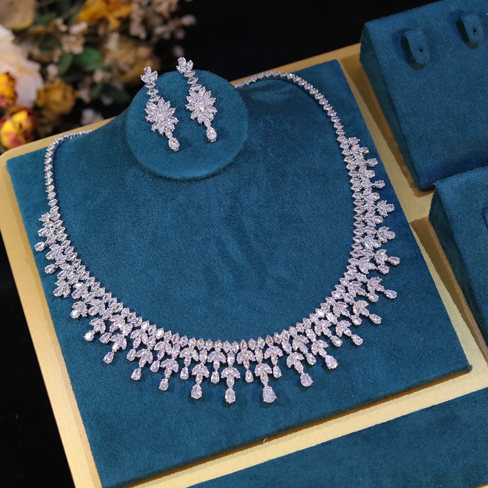 Romantic Cubic Zirconia Leaf Design Bridal Necklace Earring Water Drop 4PCS Jewelry Sets - Image 16