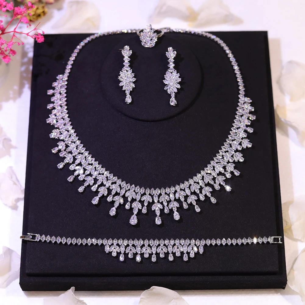 Romantic Cubic Zirconia Leaf Design Bridal Necklace Earring Water Drop 4PCS Jewelry Sets - Image 3