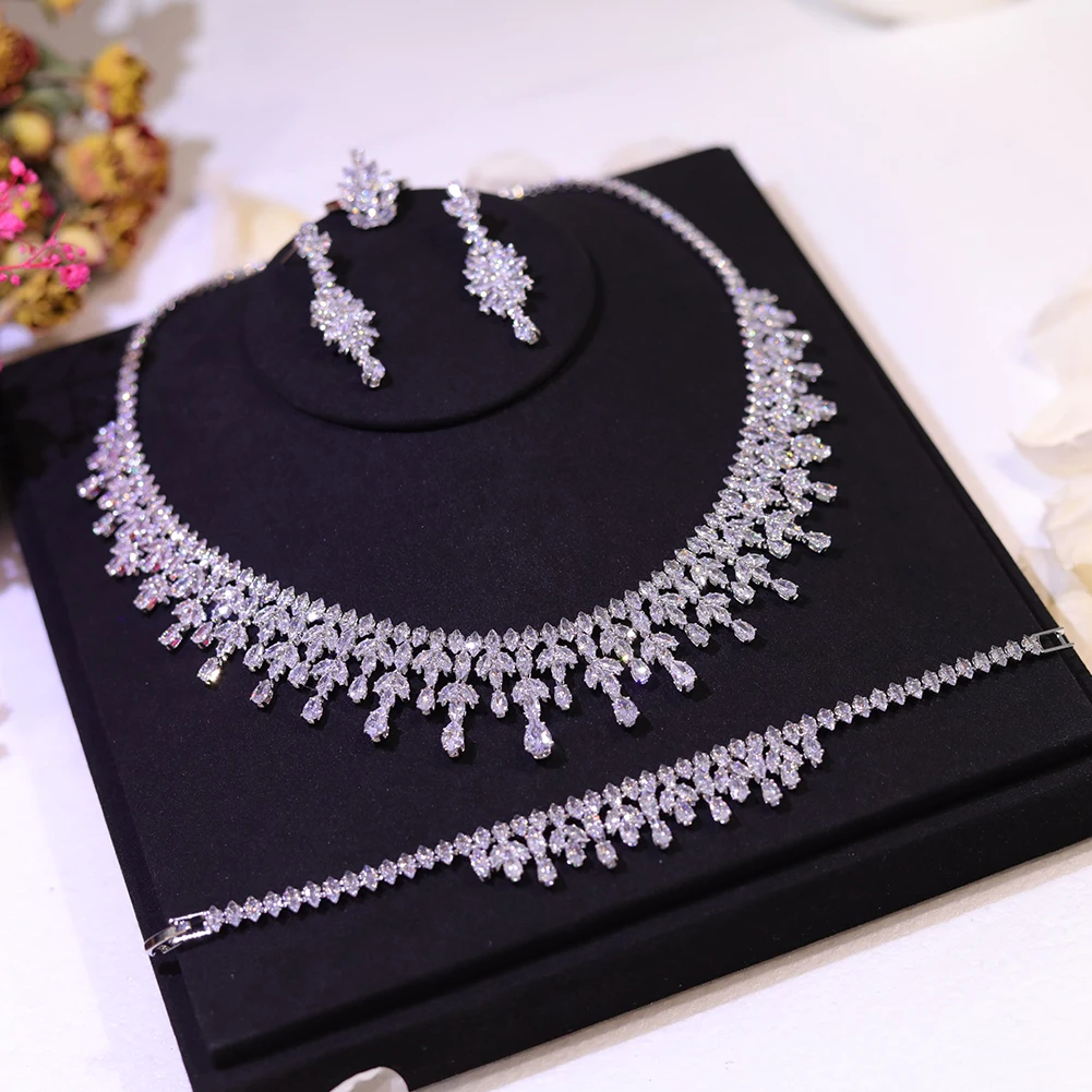 Romantic Cubic Zirconia Leaf Design Bridal Necklace Earring Water Drop 4PCS Jewelry Sets - Image 4
