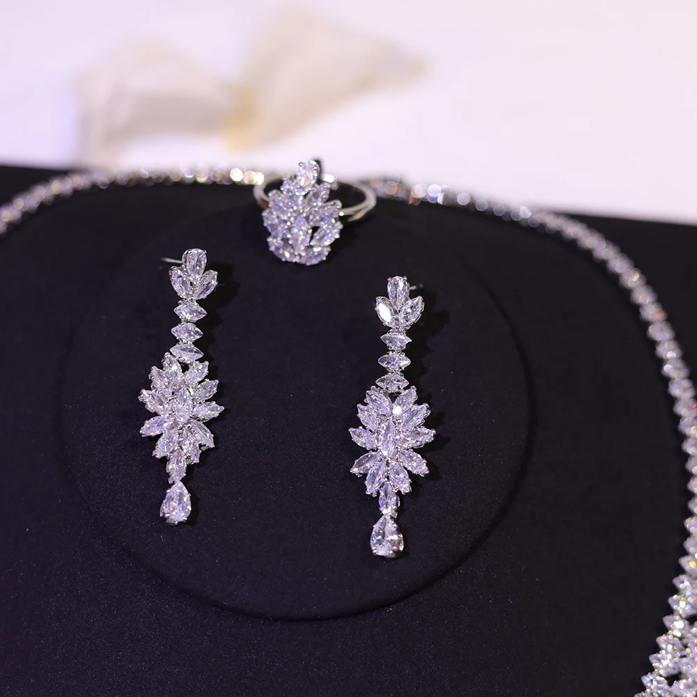 Romantic Cubic Zirconia Leaf Design Bridal Necklace Earring Water Drop 4PCS Jewelry Sets - Image 5