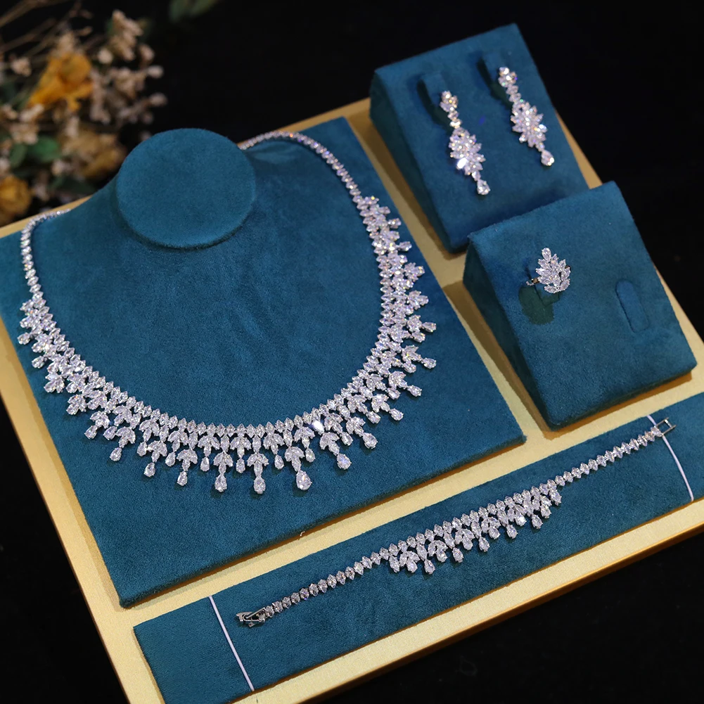Romantic Cubic Zirconia Leaf Design Bridal Necklace Earring Water Drop 4PCS Jewelry Sets - Image 8