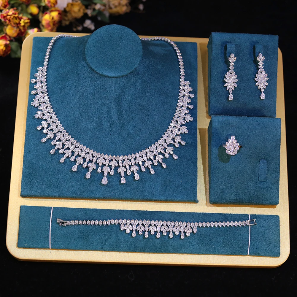 Romantic Cubic Zirconia Leaf Design Bridal Necklace Earring Water Drop 4PCS Jewelry Sets - Image 9