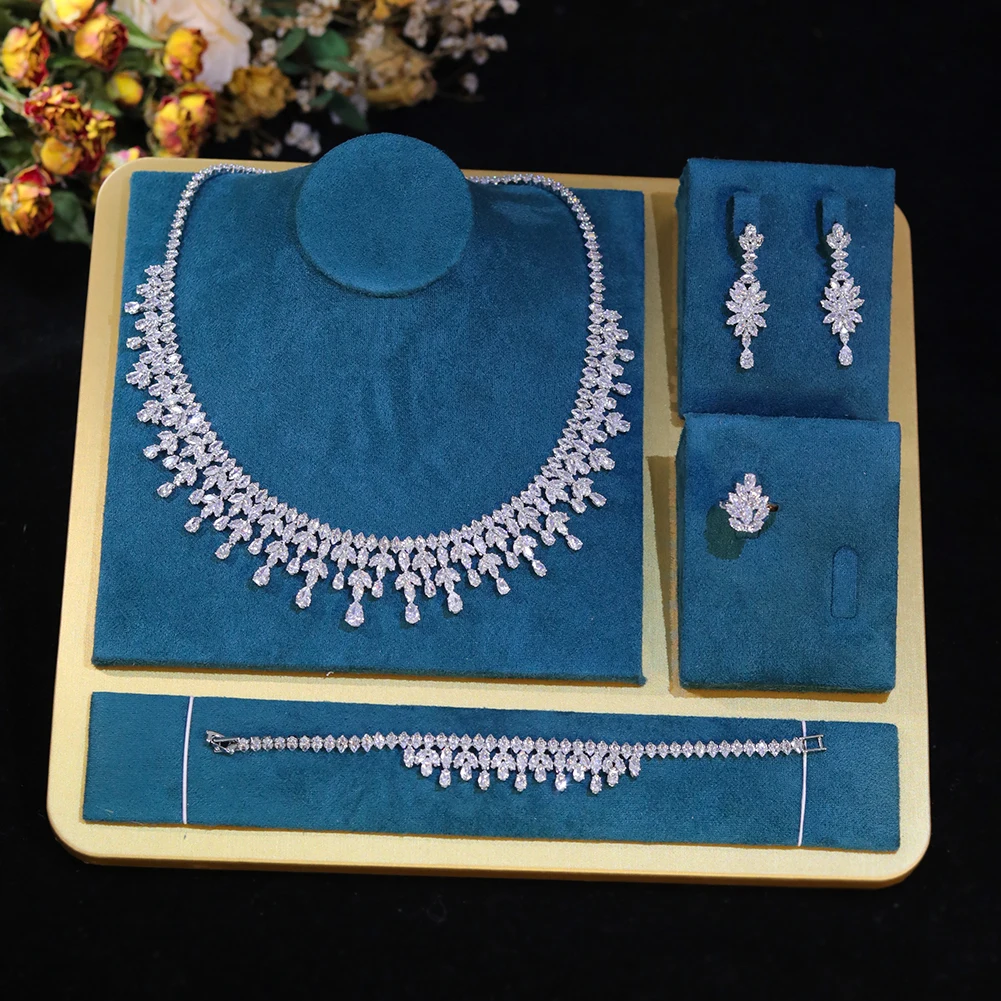 Romantic Cubic Zirconia Leaf Design Bridal Necklace Earring Water Drop 4PCS Jewelry Sets - Image 10