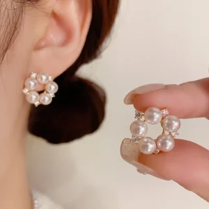 Romantic Geometric Imitation Pearl Crystal Beads Shiny Sweet Small Stud Earrings