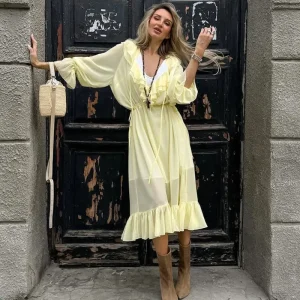 Casual Ruffle Loose Lace-up Patchwork Ruffle Party Vacation Long Dresses