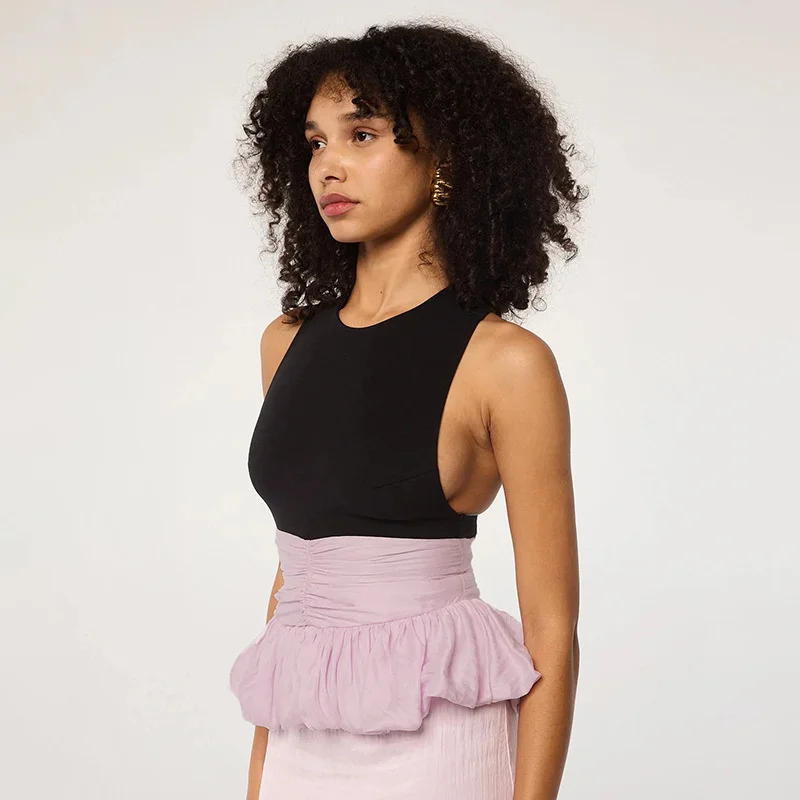 Ruffle Pullover Vest Patchwork O Neck Ruched Skinny Club Tank Tops - Image 5