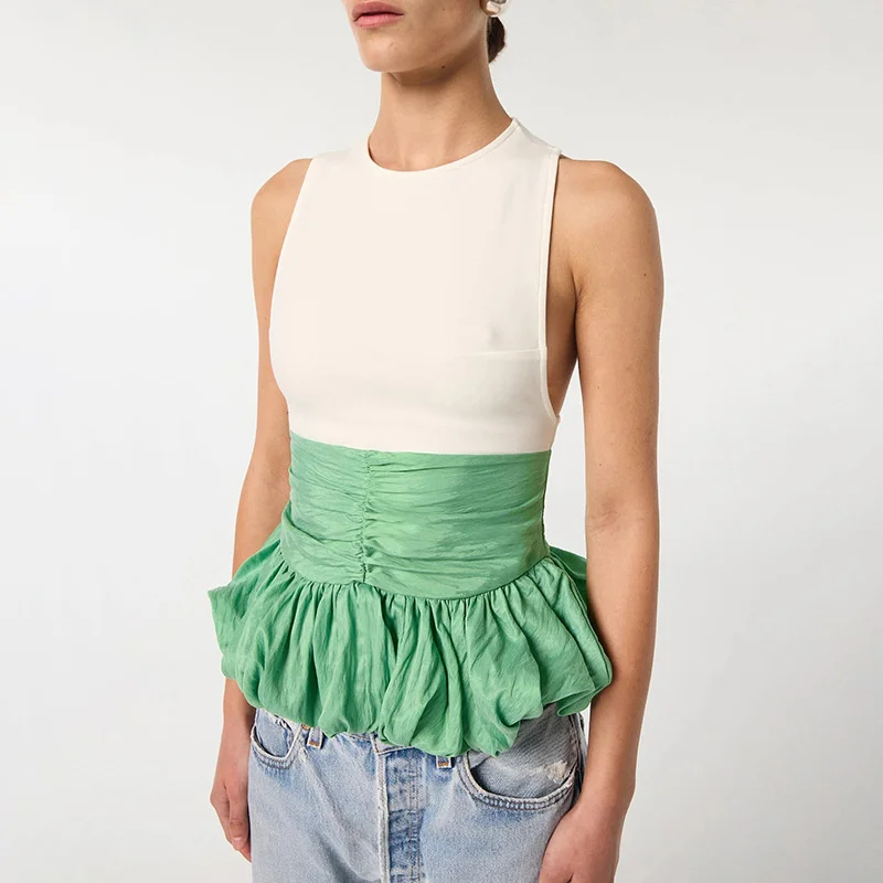 Ruffle Pullover Vest Patchwork O Neck Ruched Skinny Club Tank Tops - Image 9