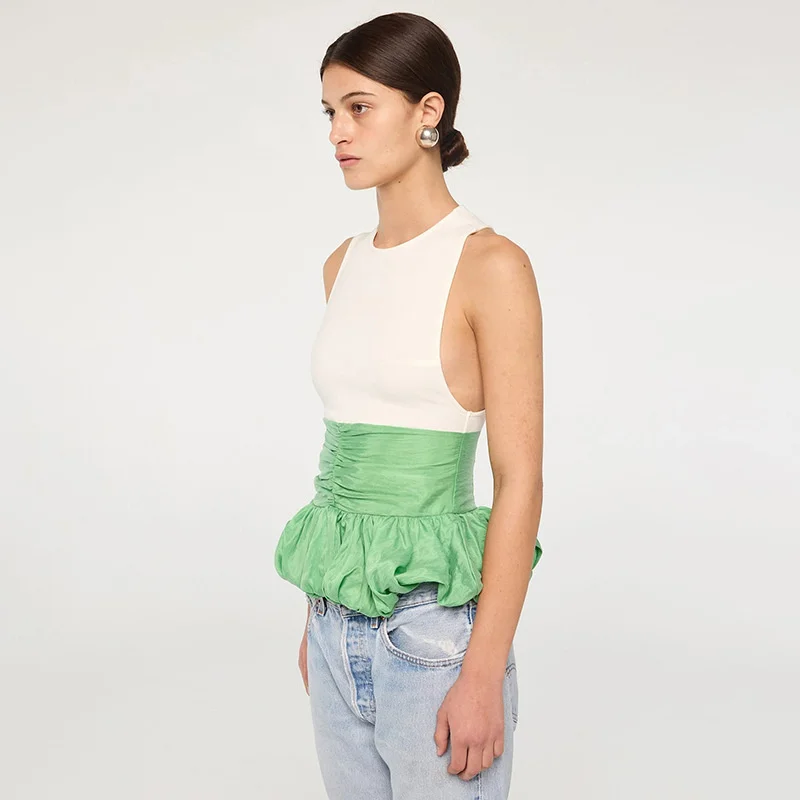 Ruffle Pullover Vest Patchwork O Neck Ruched Skinny Club Tank Tops - Image 10